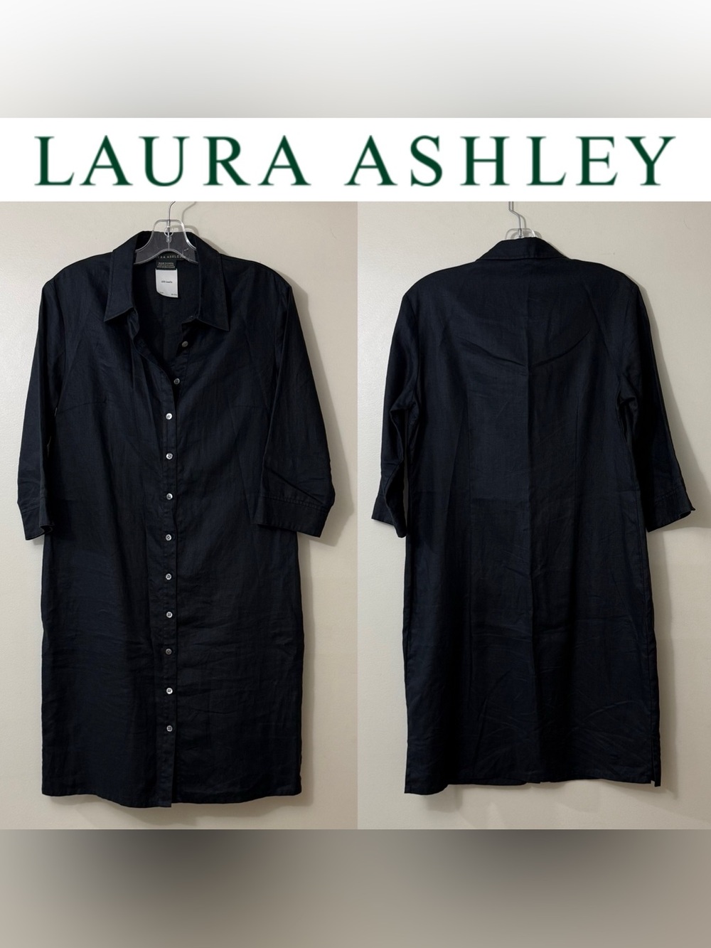 LAURA ASHLEY BLACK 100% LINEN BUTTON DOWN KNEE LENGTH SHIRT DRESS
